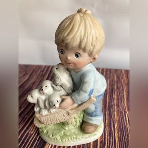 Vintage Hemco 1402 Cute Boy With Wheelbarrow & Puppies Porcelain Figurine